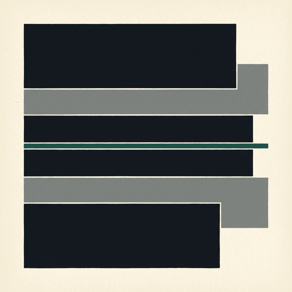 Abstract cross-section of stacked dark plates with a single green seam line