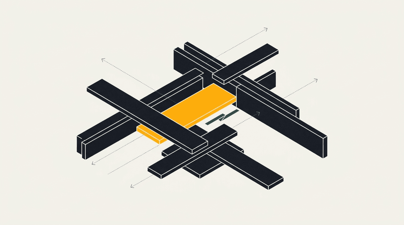 Abstract diagram of dark structural beams being assembled around a single amber plate