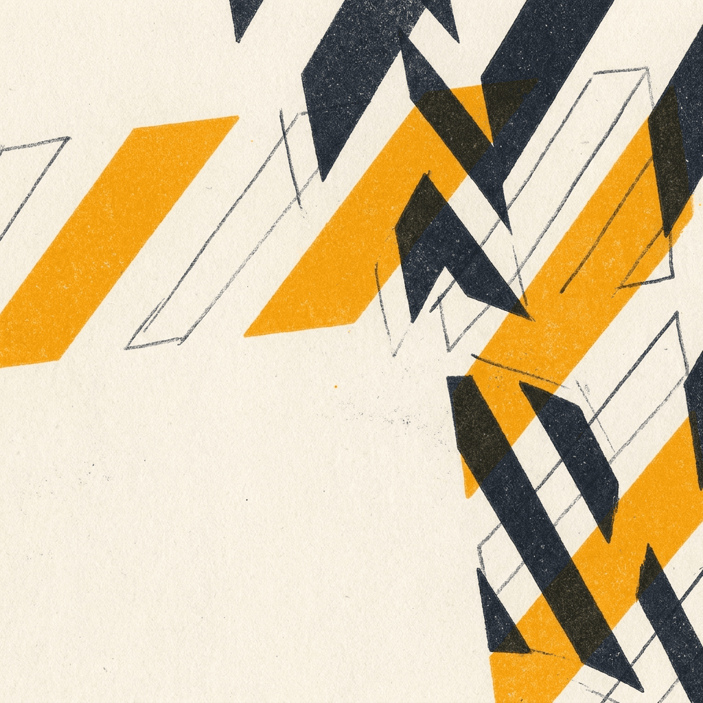 Abstract diagonal hatching in amber and ink, partially assembled